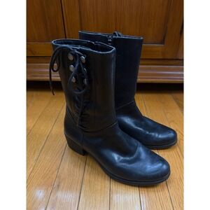 Bussola Antwerpen Aya Black Leather Lace Up Mid Calf Boots Womens 37 US 6.5-7